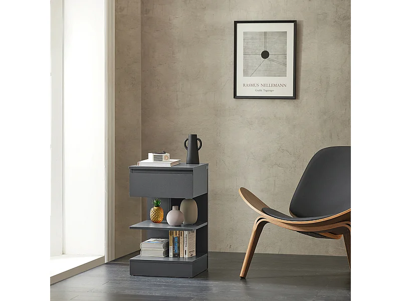 Table de Chevet Table de Nuit Table d’Appoint avec 1 tiroir et 2 étagères de Rangement, FBT49-HG