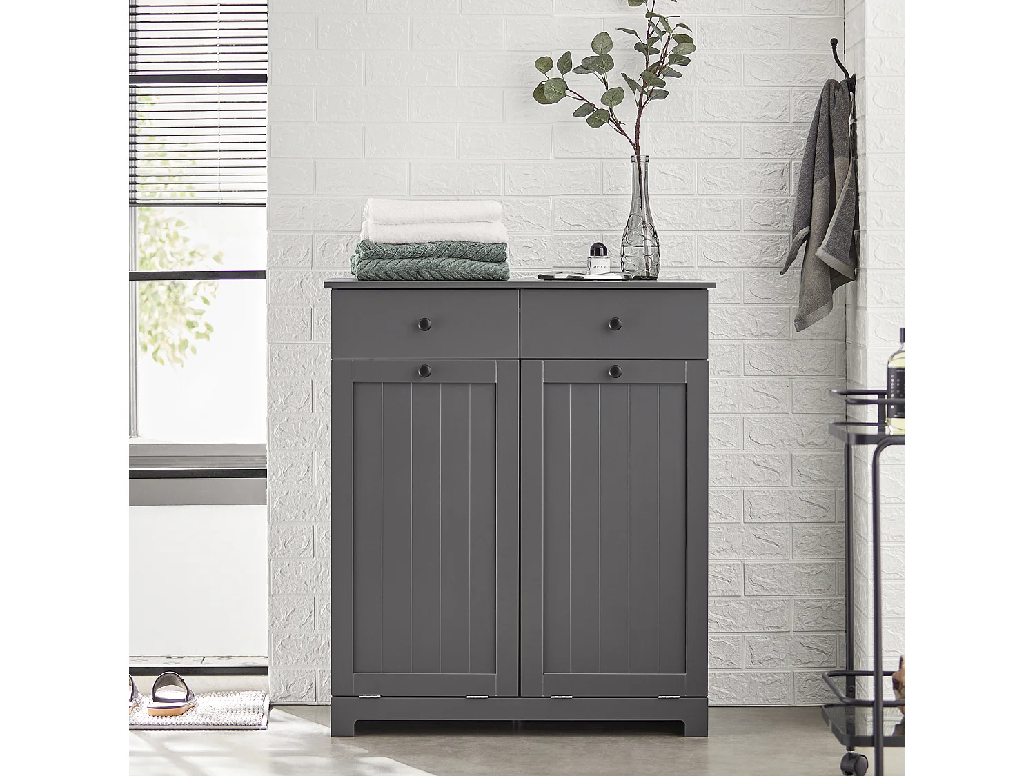 Meuble Bas de Salle de Bain Armoire Toilette avec 2 Tiroirs et 2 Paniers à Linge, BZR33-DG