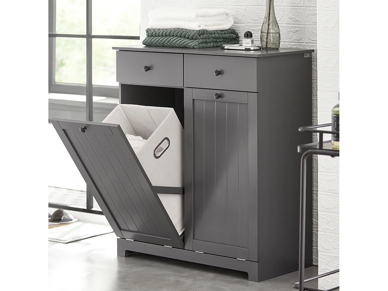 Meuble Bas de Salle de Bain Armoire Toilette avec 2 Tiroirs et 2 Paniers à Linge, BZR33-DG