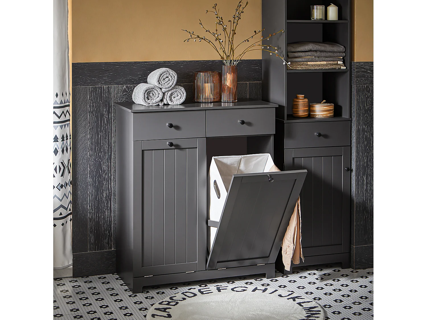 Meuble Bas de Salle de Bain Armoire Toilette avec 2 Tiroirs et 2 Paniers à Linge, BZR33-DG