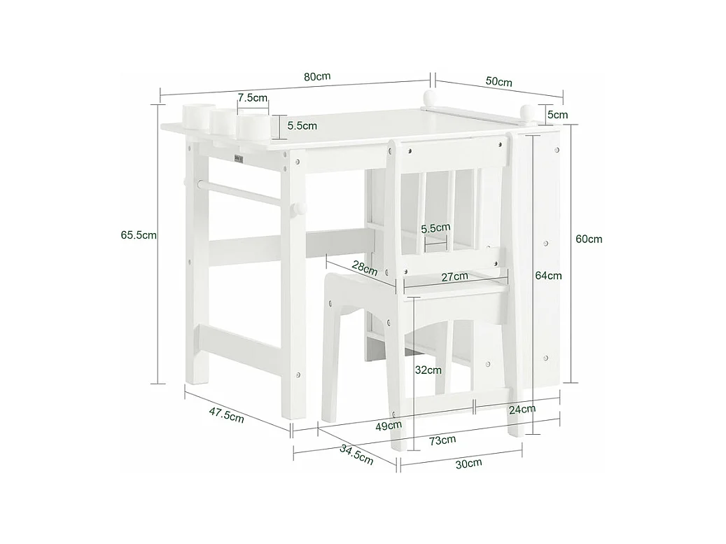 Juego de Mesa y Silla Infantil de Madera Escritorio Infantil con 3 Portalápices Blanco KMB60-W SoBuy ES