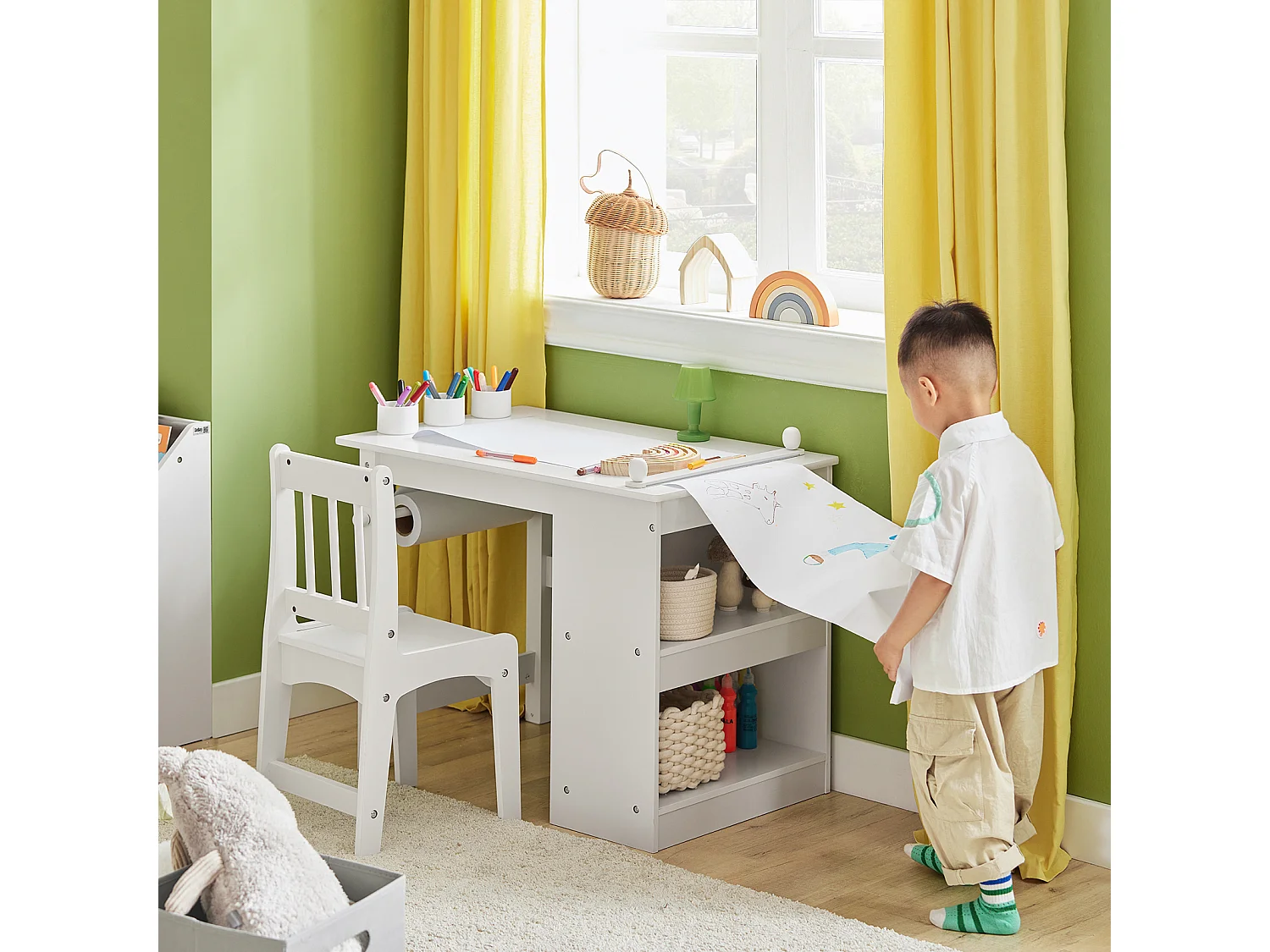 Juego de Mesa y Silla Infantil de Madera Escritorio Infantil con 3 Portalápices Blanco KMB60-W SoBuy ES