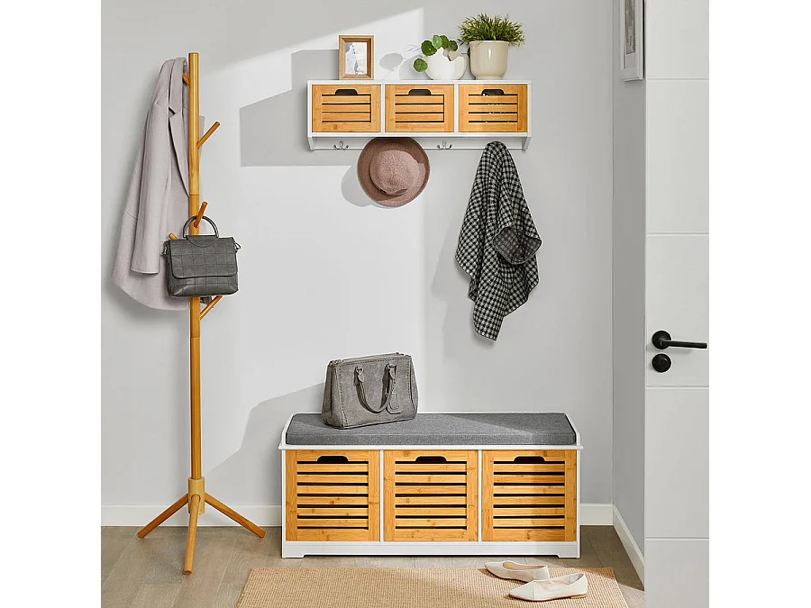 SoBuy FHK19-WN Wandgarderobe ganggarderobe kledinghaak hangrek met 3 manden en 4 haken garderobe natuur