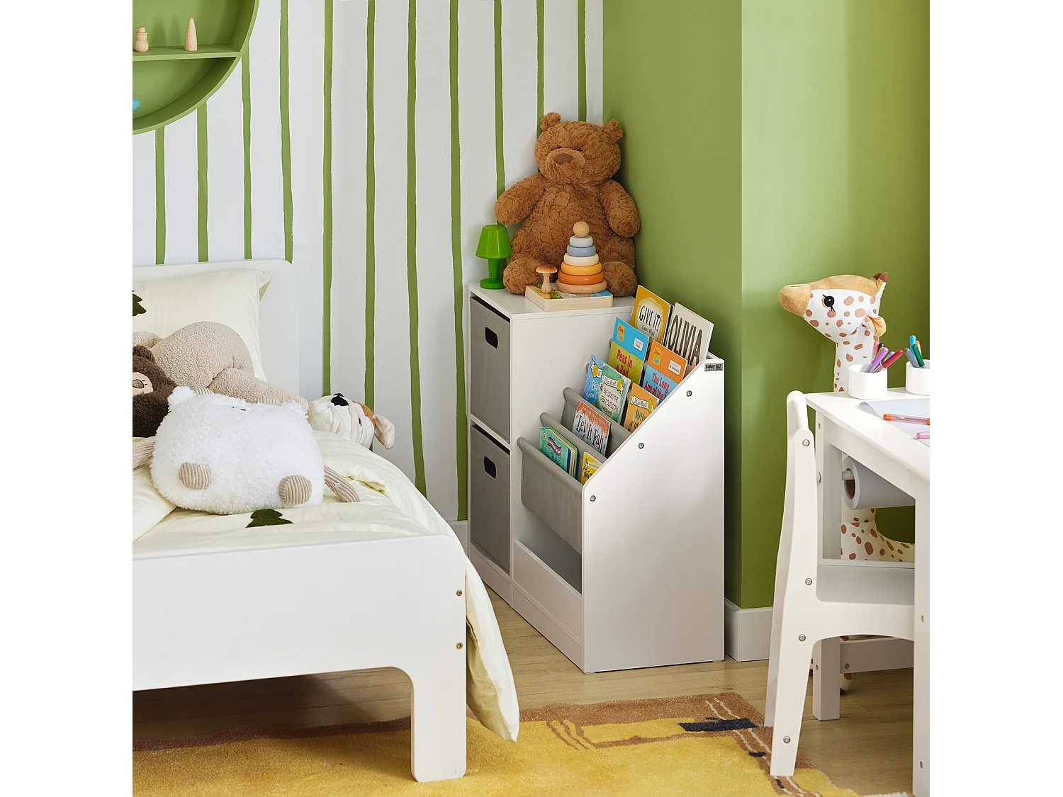 SoBuy KMB76-W kinderboekenkast, speelgoed- en boekenorganizer, kinderopbergrek met 2 manden, 5 planken en 1 vak