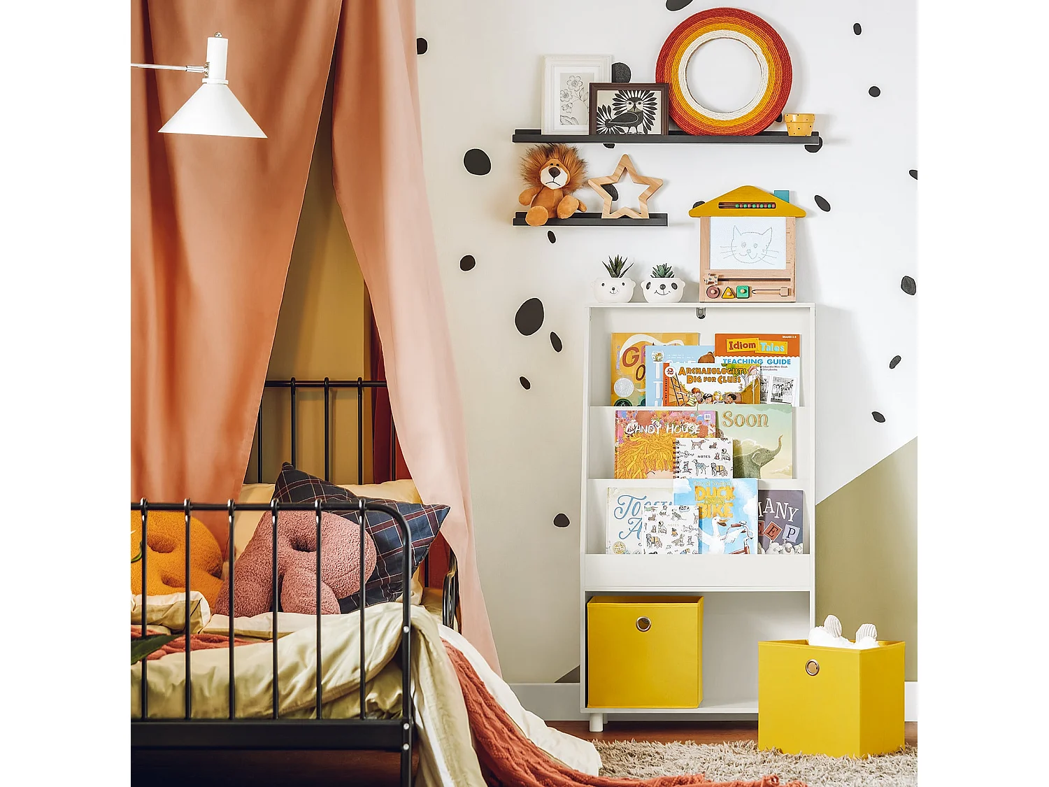 SoBuy KMB69-W Boekenrek voor Kinderen, Kinderboekenkast, Kinderrek, Kinderplank, Boekenplank, Speelgoedplankmet 3 Planken en 2 Opbergdozen