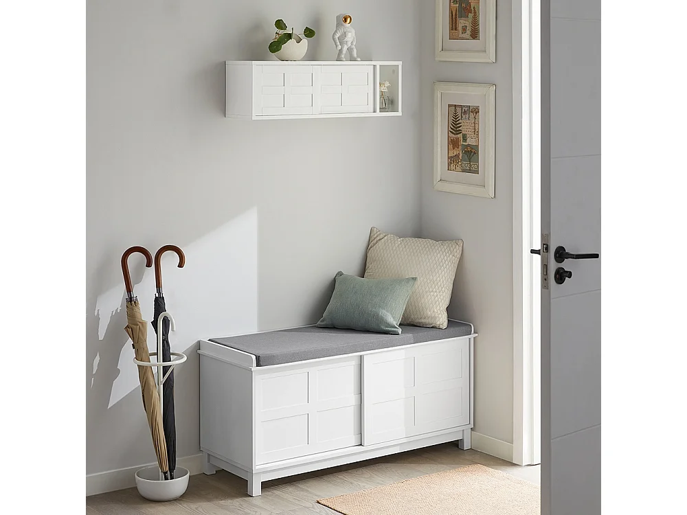 Porte-manteau Étagère Murale avec 2 Portes Coulissantes et 1 Compartiment, FHK18-W