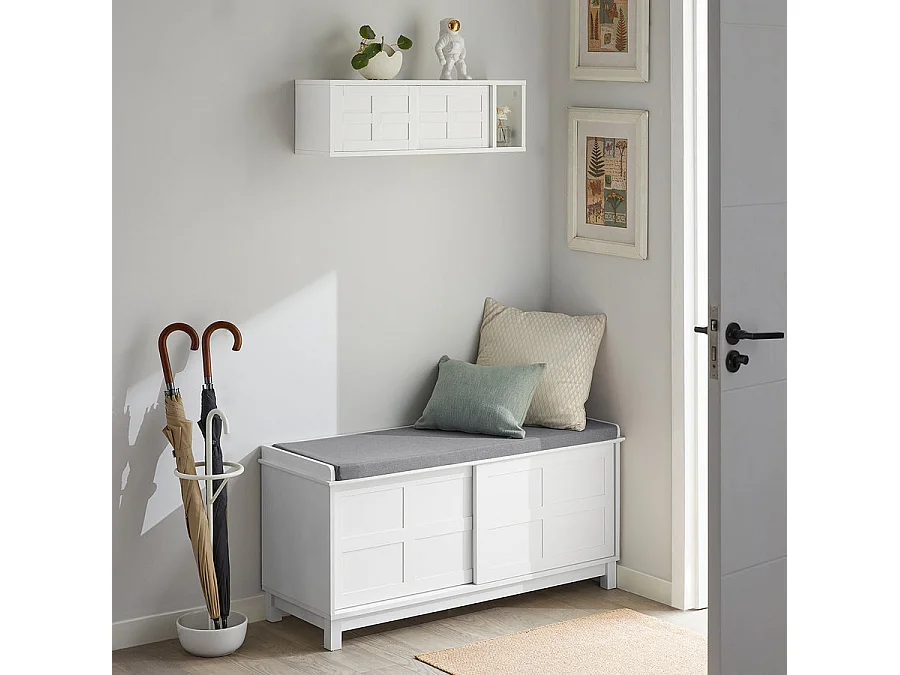 Porte-manteau Étagère Murale avec 2 Portes Coulissantes et 1 Compartiment, FHK18-W