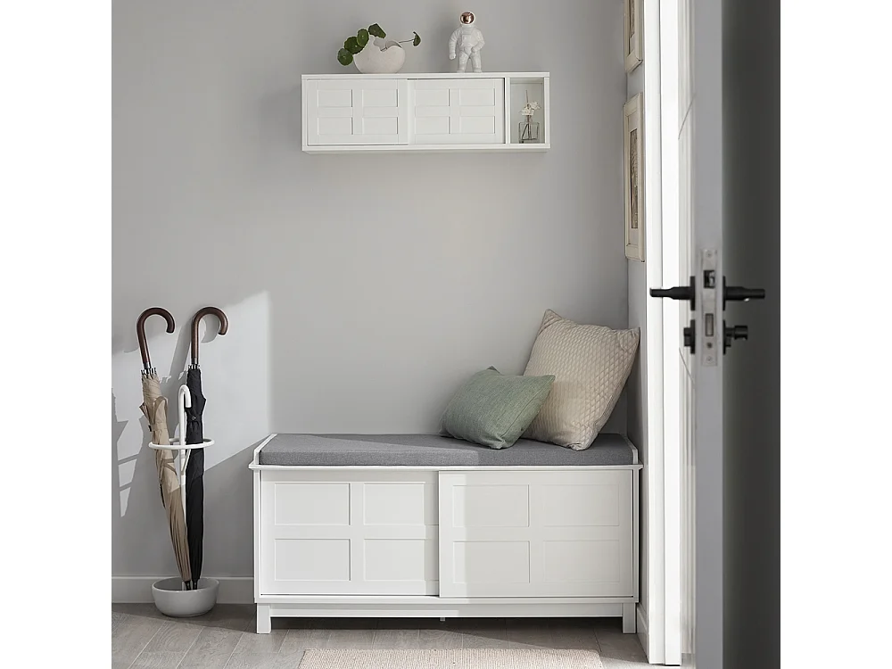 Porte-manteau Étagère Murale avec 2 Portes Coulissantes et 1 Compartiment, FHK18-W