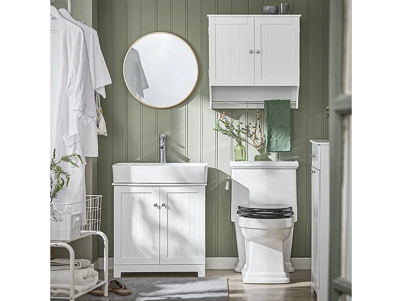 SoBuy BZR84-W Badkamerkast, Wandmontage Hoge Kast, Wandkast, Handdoekenrek Opbergkast met 2 Deuren, met 2 Verstelbare Planken