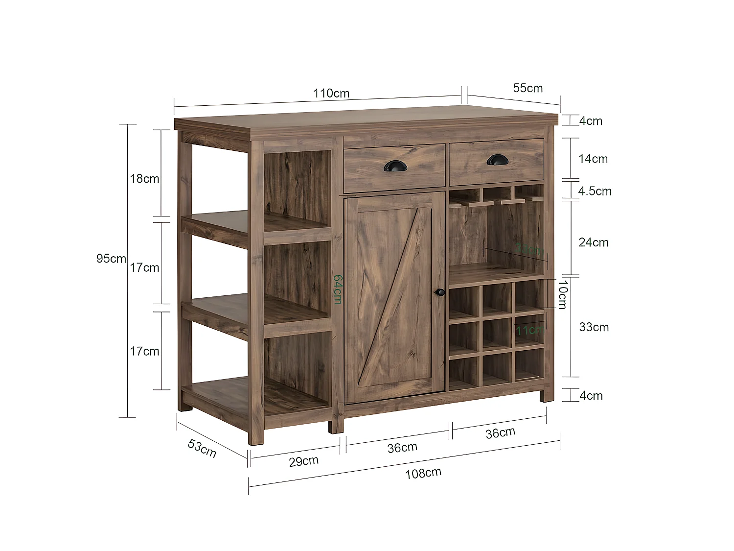 SoBuy SVW20-N Keukeneiland - Keukenkast - Keuken Werktafel - Opbergkast â€“ Dressoir met 3 Planken, 2 Lades, Deur, Glashouder en Flessenhouder