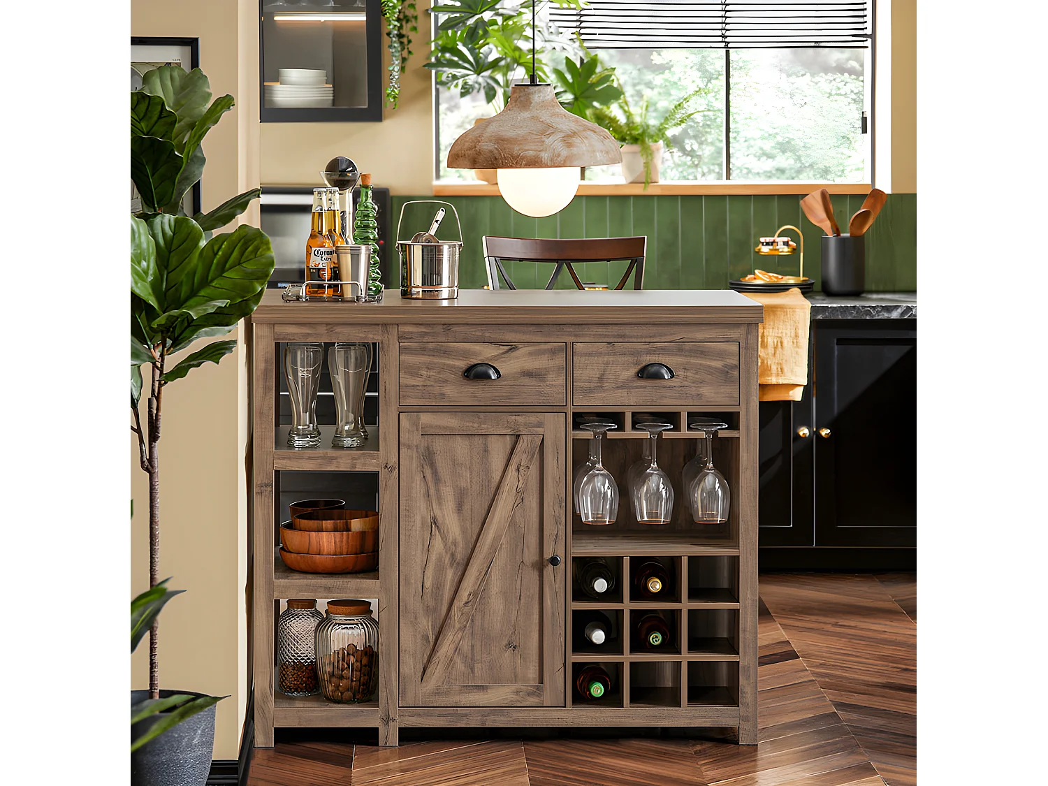 SoBuy SVW20-N Keukeneiland - Keukenkast - Keuken Werktafel - Opbergkast â€“ Dressoir met 3 Planken, 2 Lades, Deur, Glashouder en Flessenhouder