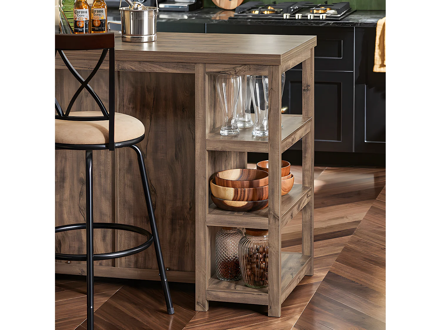 SoBuy SVW20-N Keukeneiland - Keukenkast - Keuken Werktafel - Opbergkast â€“ Dressoir met 3 Planken, 2 Lades, Deur, Glashouder en Flessenhouder