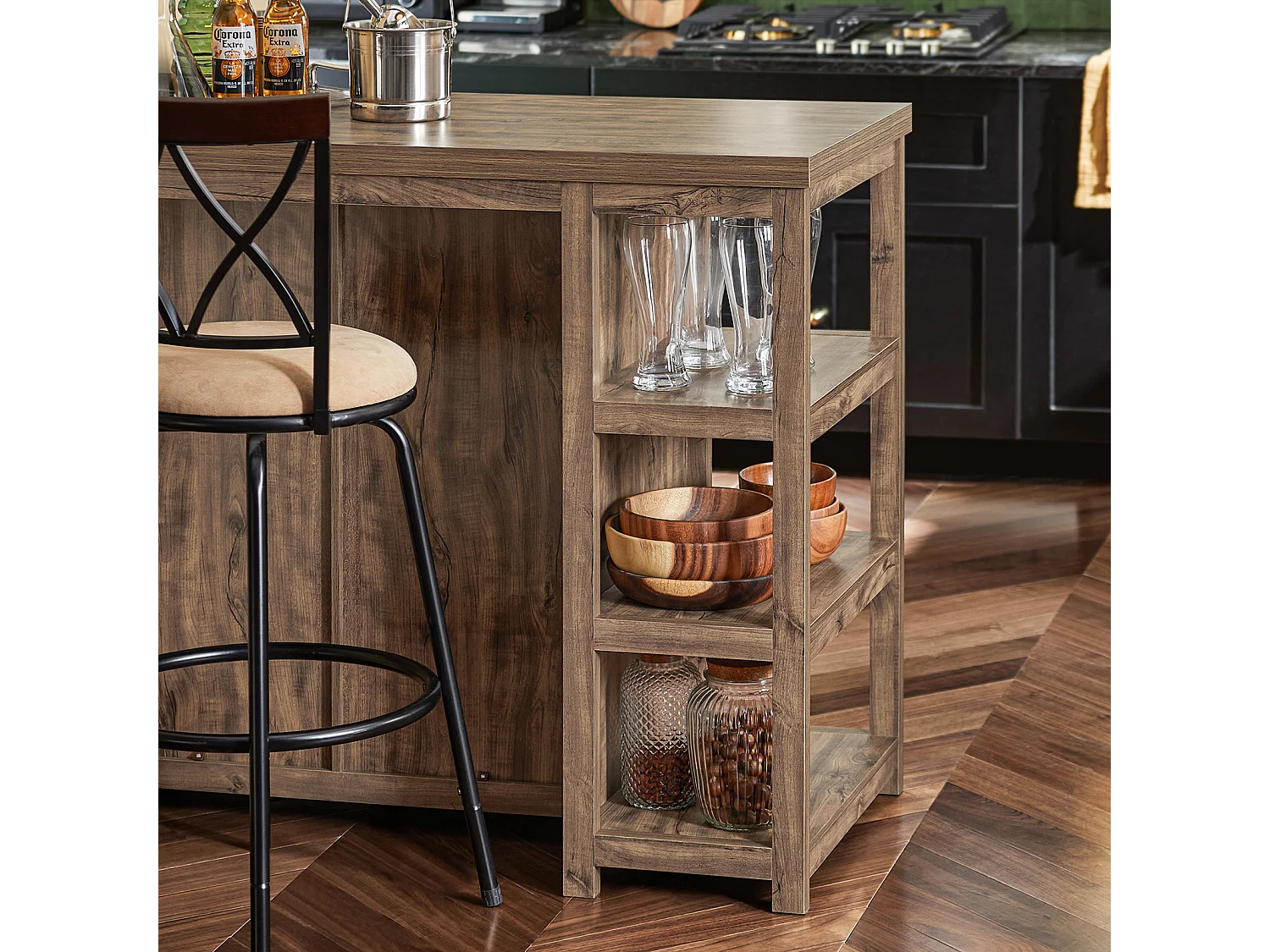 SoBuy SVW20-N Keukeneiland - Keukenkast - Keuken Werktafel - Opbergkast â€“ Dressoir met 3 Planken, 2 Lades, Deur, Glashouder en Flessenhouder