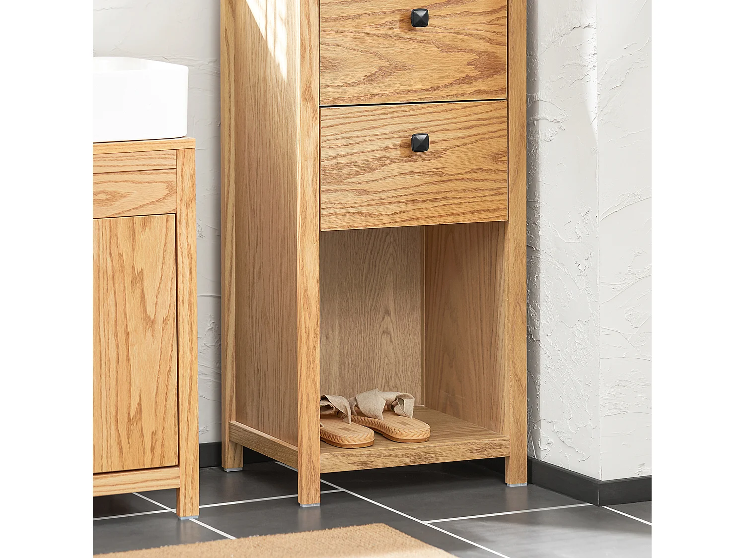 Meuble Bas de Salle de Bain Armoire Toilettes WC avec 2 Tiroirs et 1 Compartiment Ouvert, BZR99-N