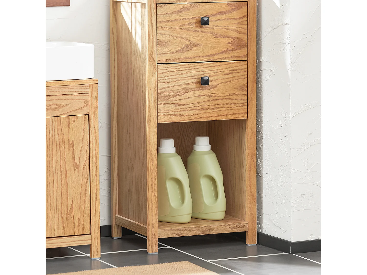 Meuble Bas de Salle de Bain Armoire Toilettes WC avec 2 Tiroirs et 1 Compartiment Ouvert, BZR99-N