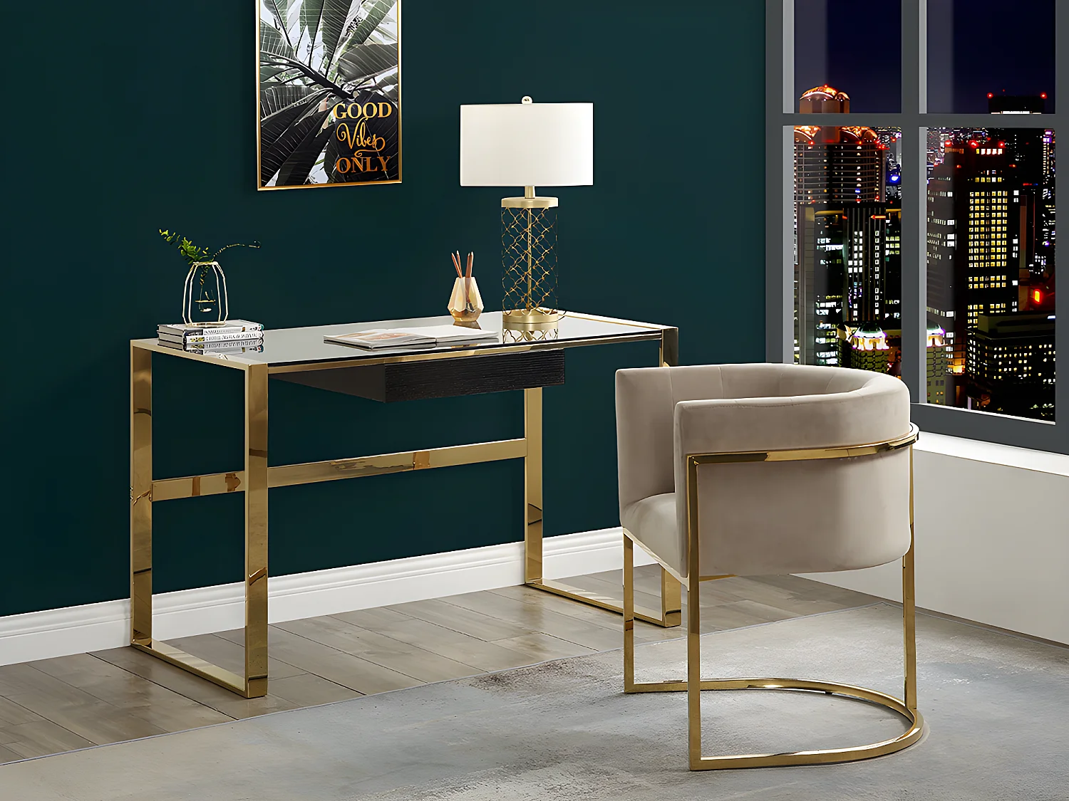 Zestaw 2 krzeseł z podłokietnikami PERIA marki Pascal Morabito – welur i metal – kolor beżowy i złoty