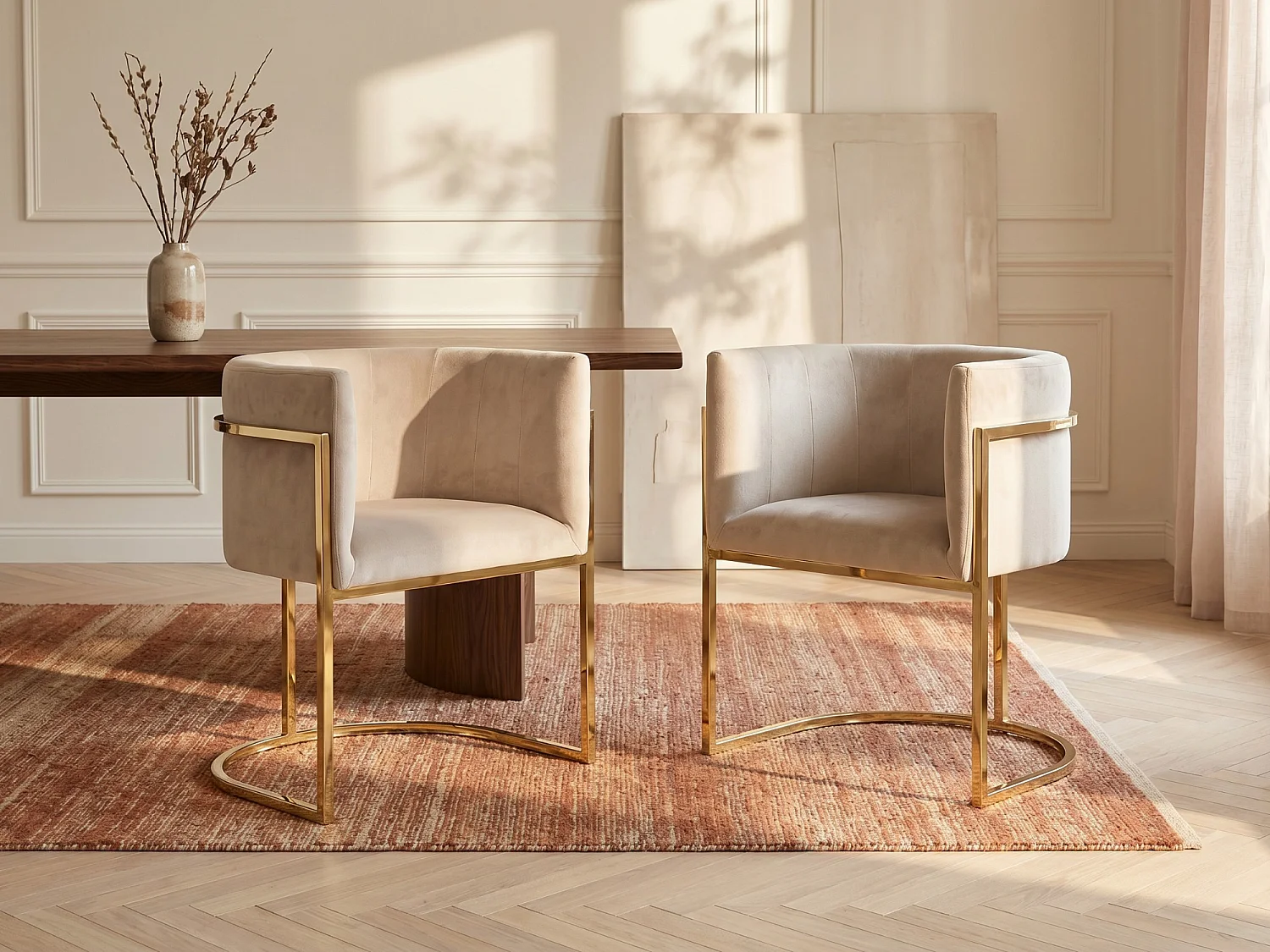 Set med 2 fåtöljer med armstöd - Sammet och rostfritt stål - Beige och guld - PERIA