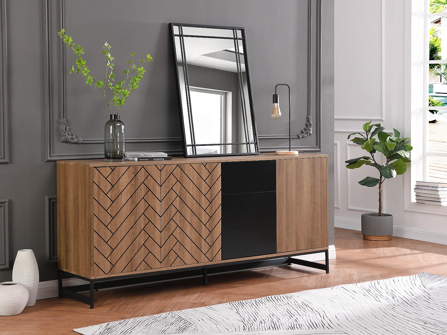 Metalen spiegel met industriële stijl - B60 x H86,5 cm - Zwart - HISAE