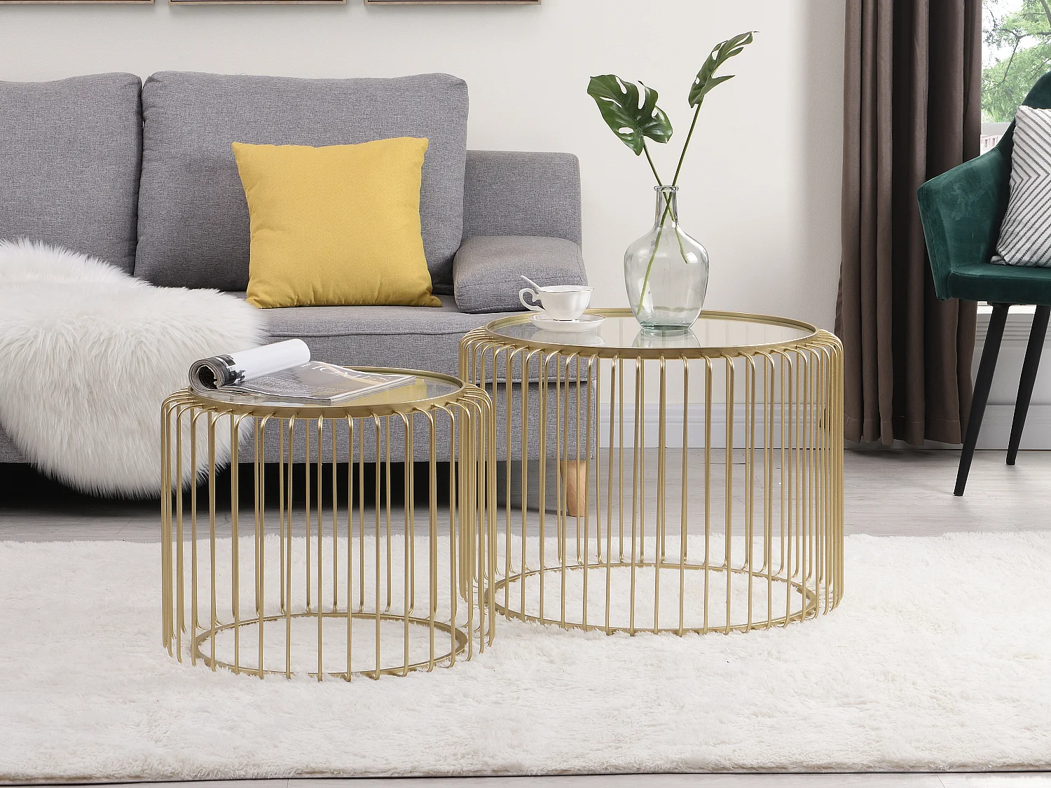 Lot de 2 tables basses en métal et verre - Doré - FERIDA