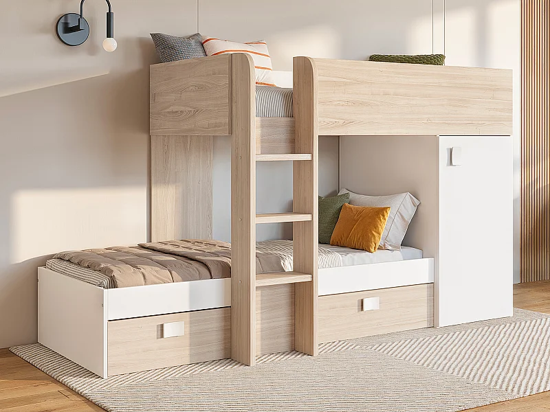 Lits superposés d'angle réversibles RICARDO - 2 x 90 x 190 cm - Rangements intégrés - Chêne et blanc