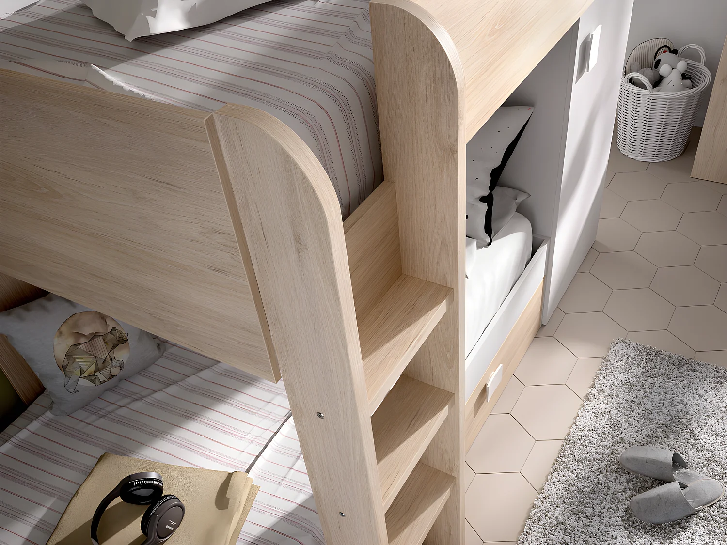 Lits superposés d'angle réversibles RICARDO - 2 x 90 x 190 cm - Rangements intégrés - Chêne et blanc