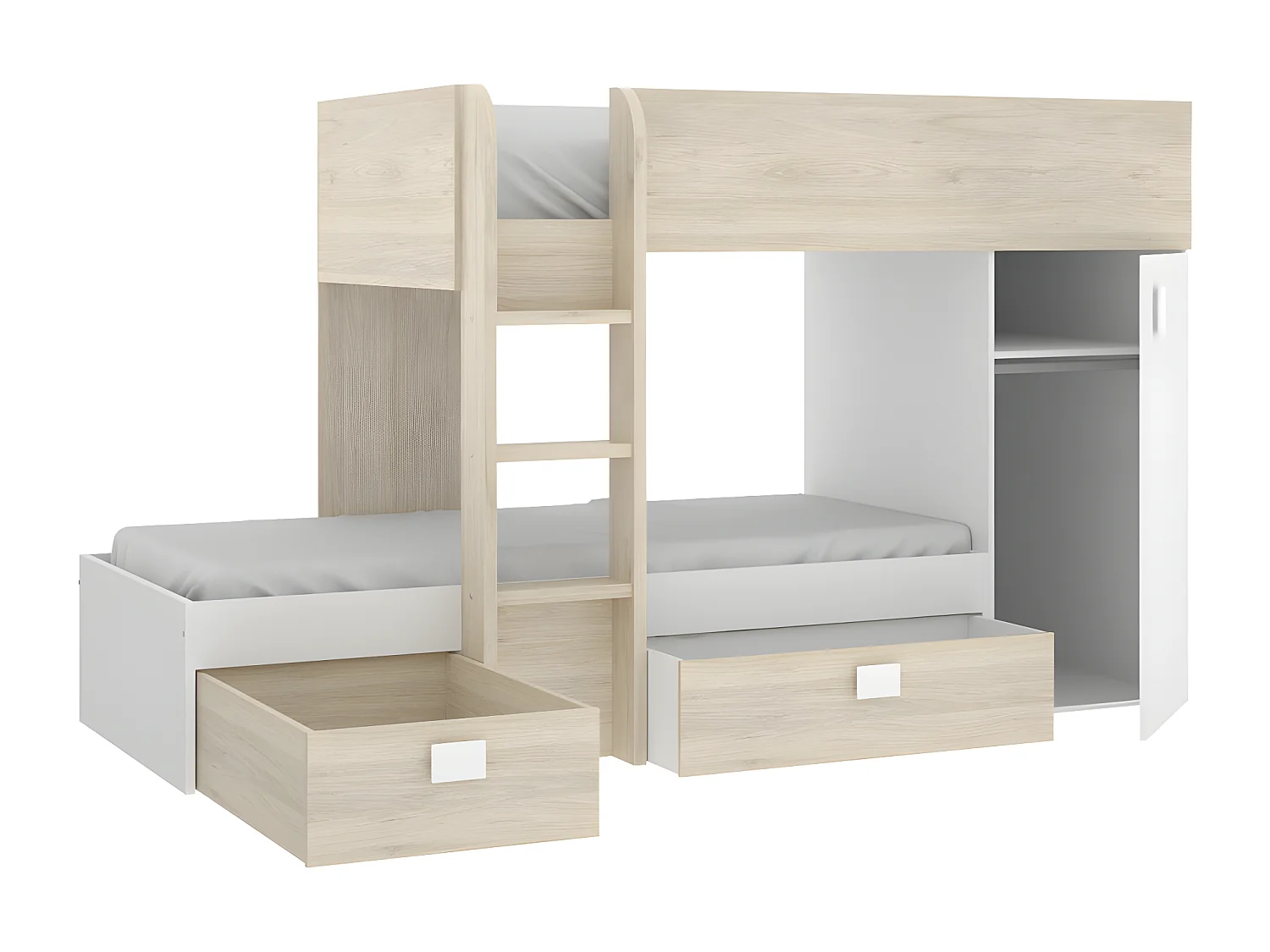 Lits superposés d'angle réversibles RICARDO - 2 x 90 x 190 cm - Rangements intégrés - Chêne et blanc
