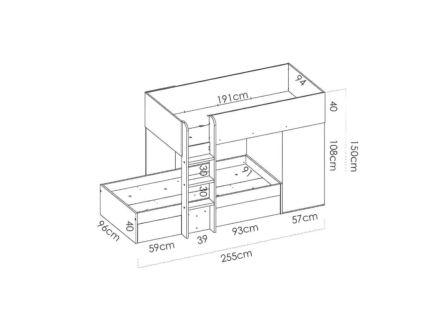 Lits superposés d'angle réversibles RICARDO - 2 x 90 x 190 cm - Rangements intégrés - Chêne et blanc