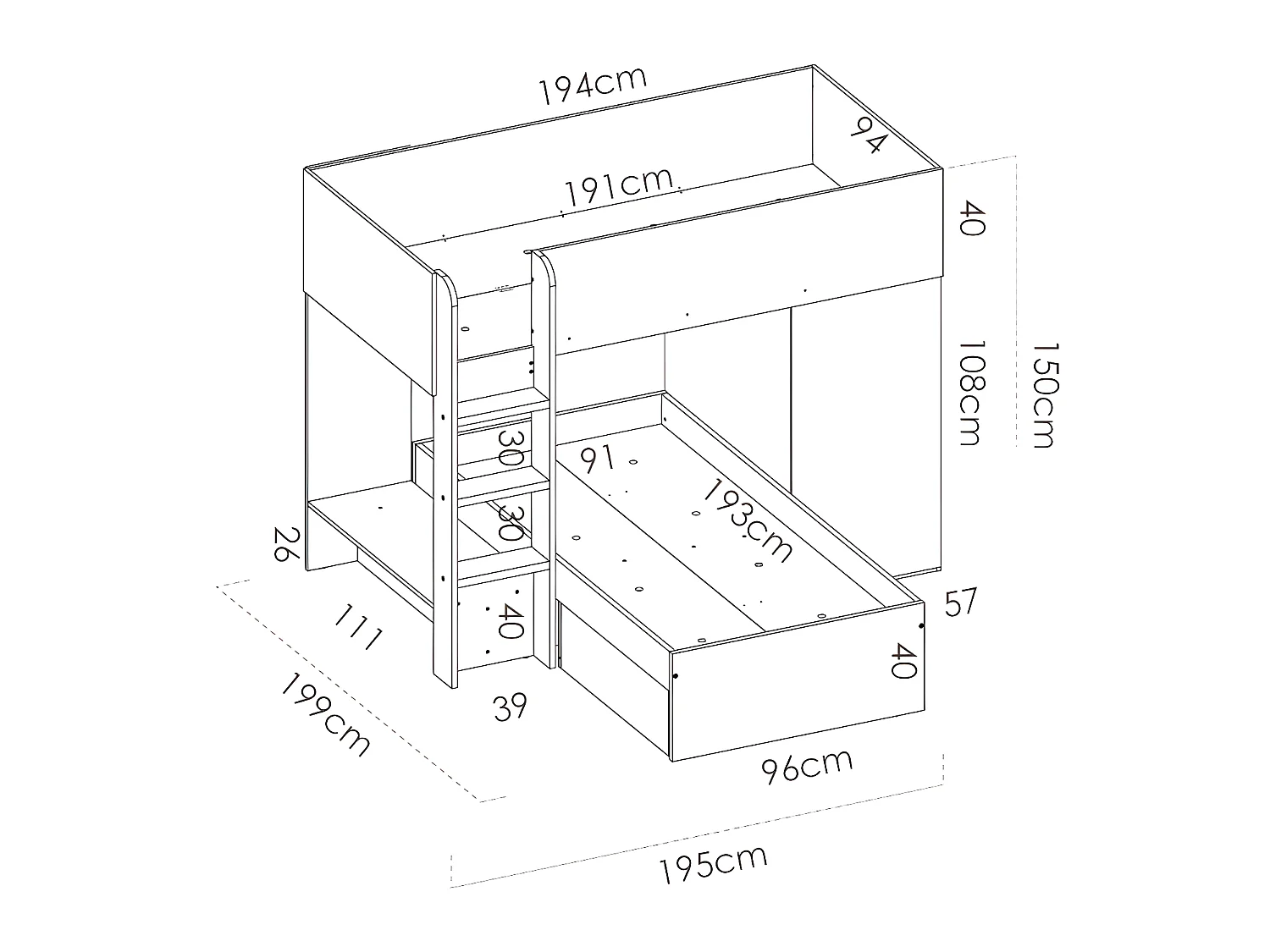 Lits superposés d'angle réversibles RICARDO - 2 x 90 x 190 cm - Rangements intégrés - Chêne et blanc