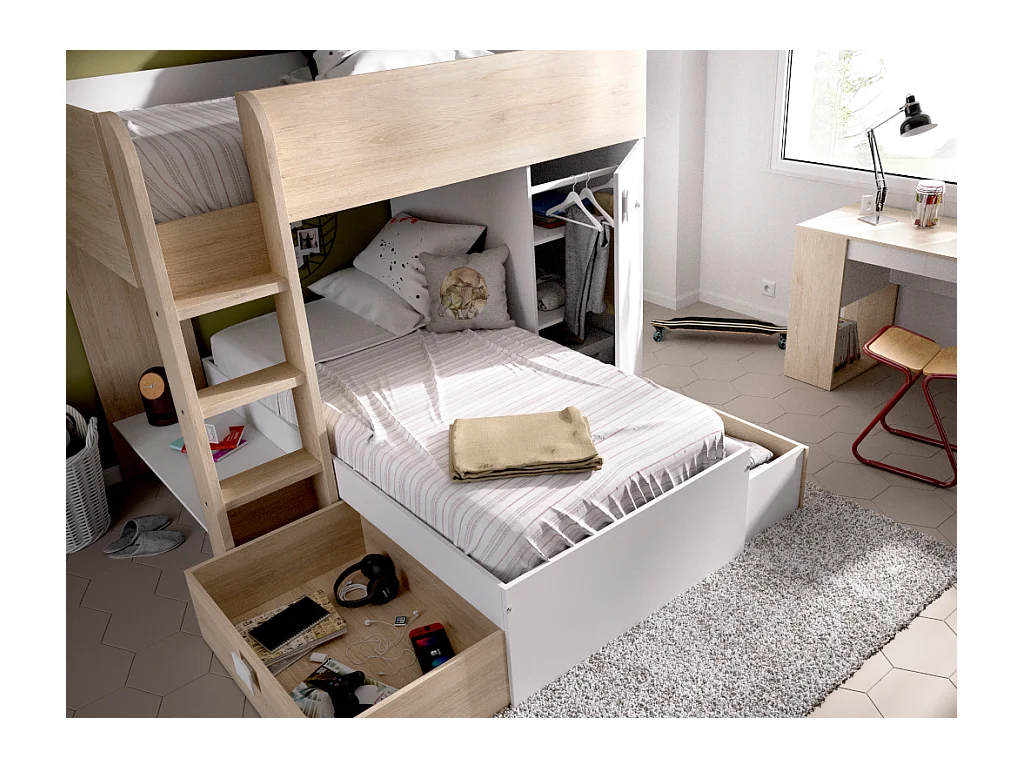 Eck-Hochbett modulierbar - 2 x 90 x 190 cm - mit Stauraum - Holzfarben & Weiß - RICARDO