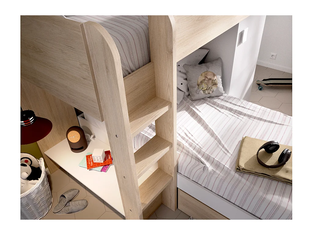 Eck-Hochbett modulierbar - 2 x 90 x 190 cm - mit Stauraum - Holzfarben & Weiß - RICARDO