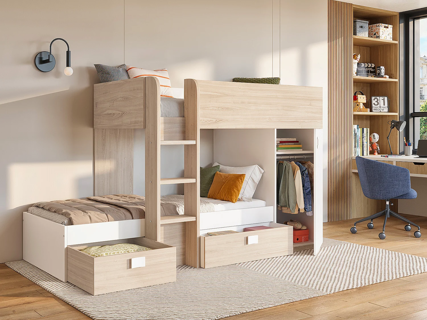 Eck-Hochbett modulierbar - 2 x 90 x 190 cm - mit Stauraum - Holzfarben & Weiß - RICARDO