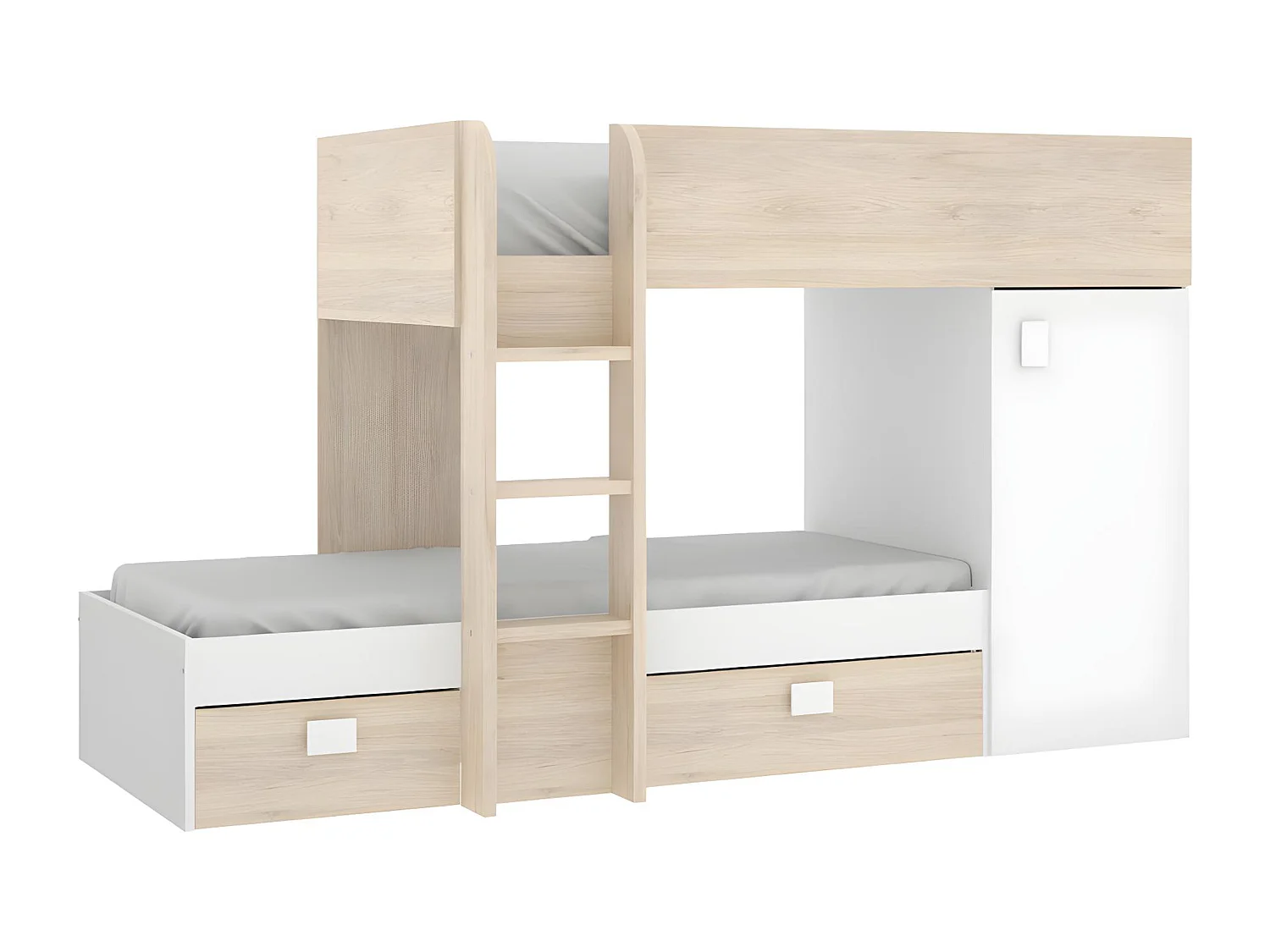 Lits superposés d'angle réversibles RICARDO - 2 x 90 x 190 cm - Rangements intégrés - Chêne et blanc