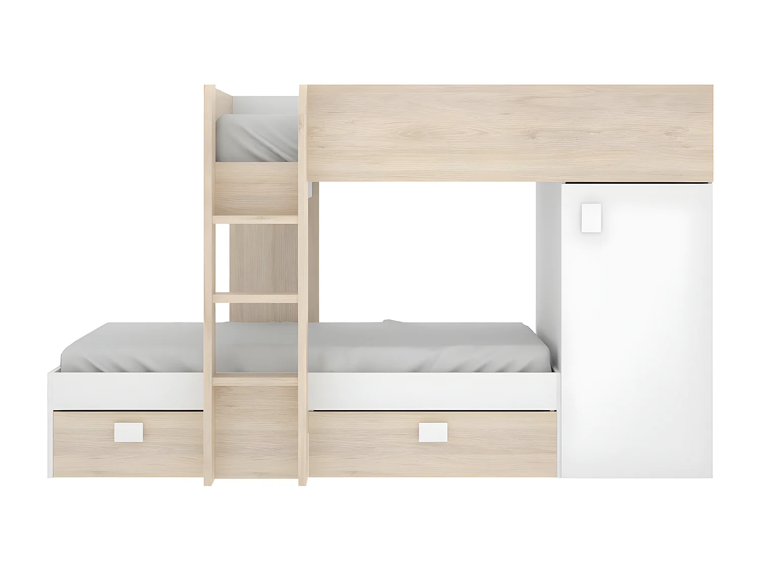 Lits superposés d'angle réversibles RICARDO - 2 x 90 x 190 cm - Rangements intégrés - Chêne et blanc