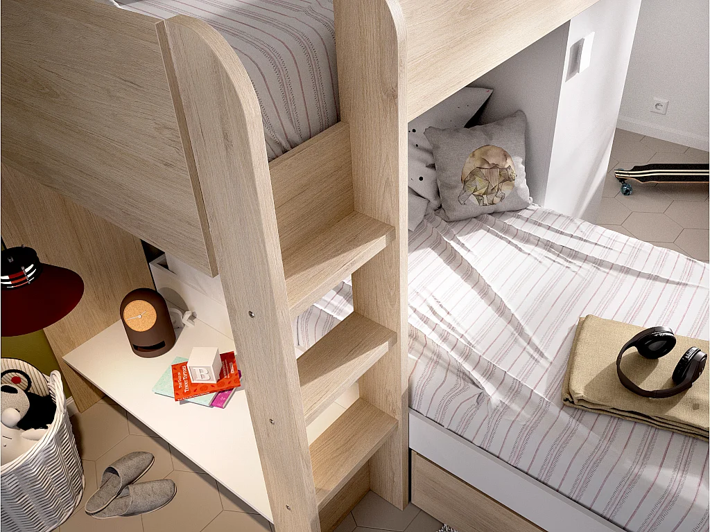 Lits superposés d'angle réversibles RICARDO - 2 x 90 x 190 cm - Rangements intégrés - Chêne et blanc