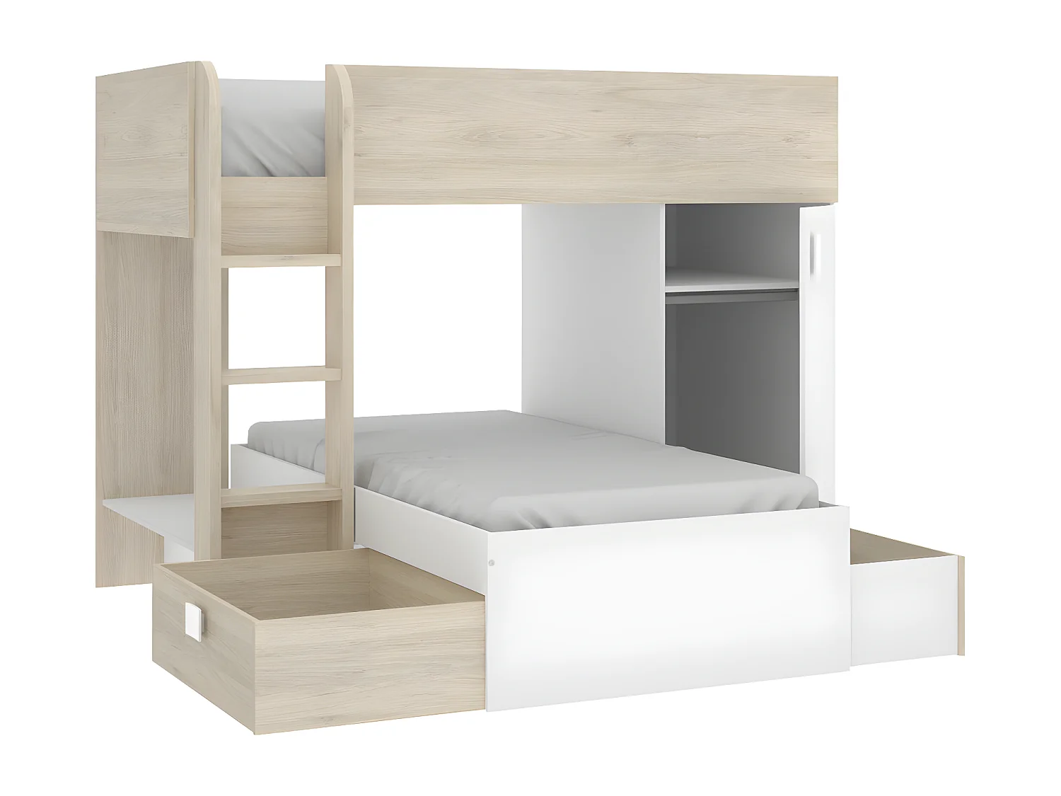 Lits superposés d'angle réversibles RICARDO - 2 x 90 x 190 cm - Rangements intégrés - Chêne et blanc