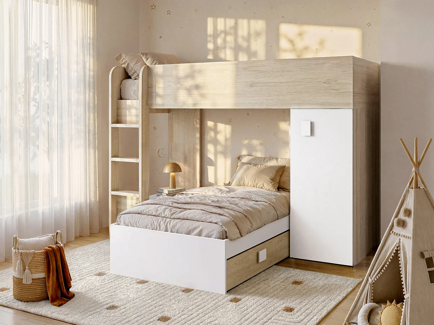 Letto a castello ad angolo reversibile - Vani portaoggetti integrati 2 x 90 x 190 cm Rovere e Bianco - RICARDO