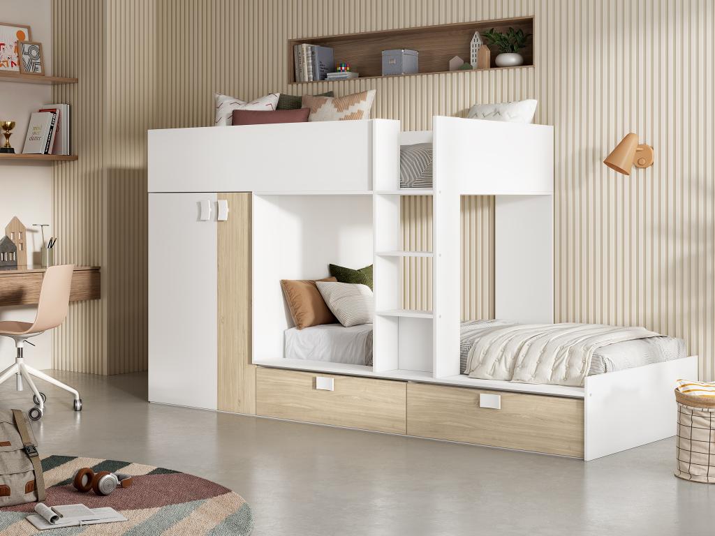 Etagenbett mit Kleiderschrank - 2x 90 x 190 cm - Weiß & Naturfarben - JUANI günstig online kaufen