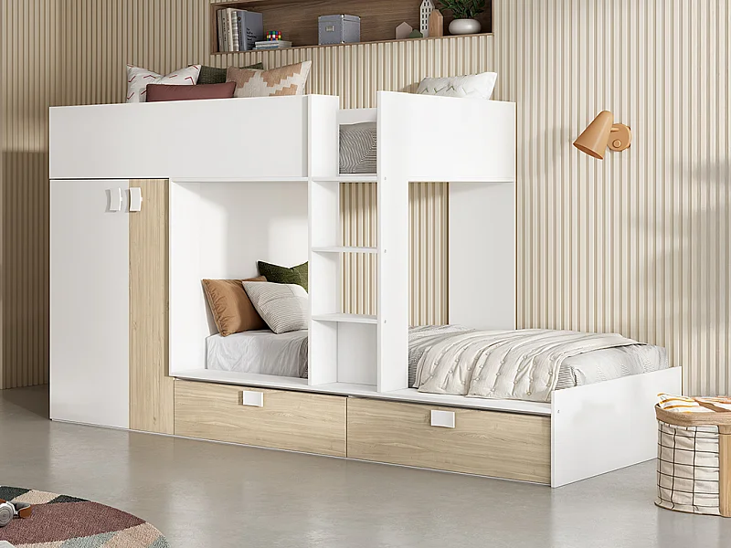 Lits Superposés 2 x 90 x 190 cm - Armoire intégrée - Blanc et naturel - JUANITO