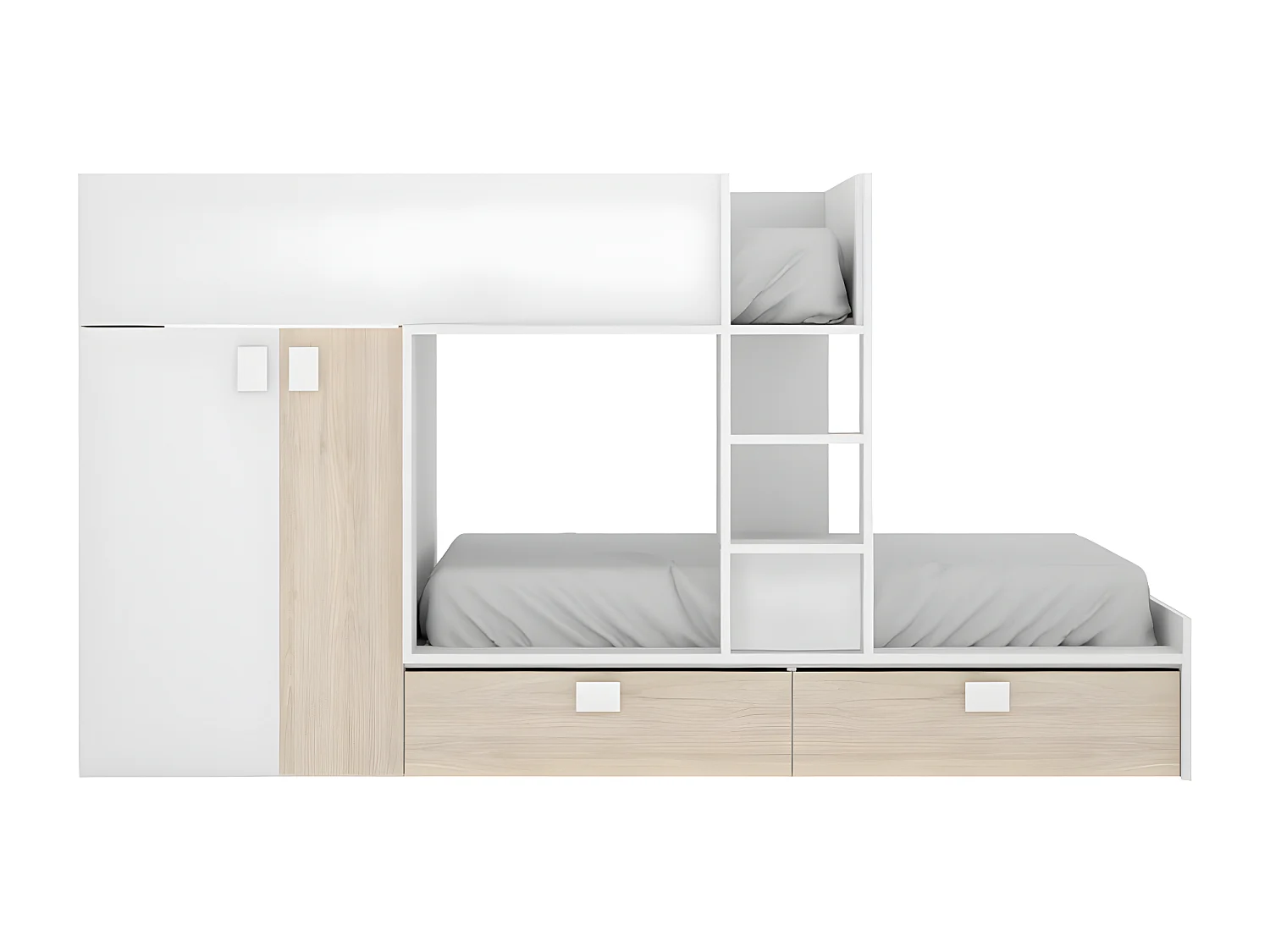 Lits Superposés 2 x 90 x 190 cm - Armoire intégrée - Blanc et naturel - JUANITO