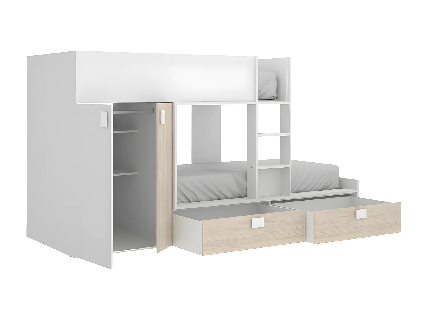 Lits Superposés 2 x 90 x 190 cm - Armoire intégrée - Blanc et naturel - JUANITO
