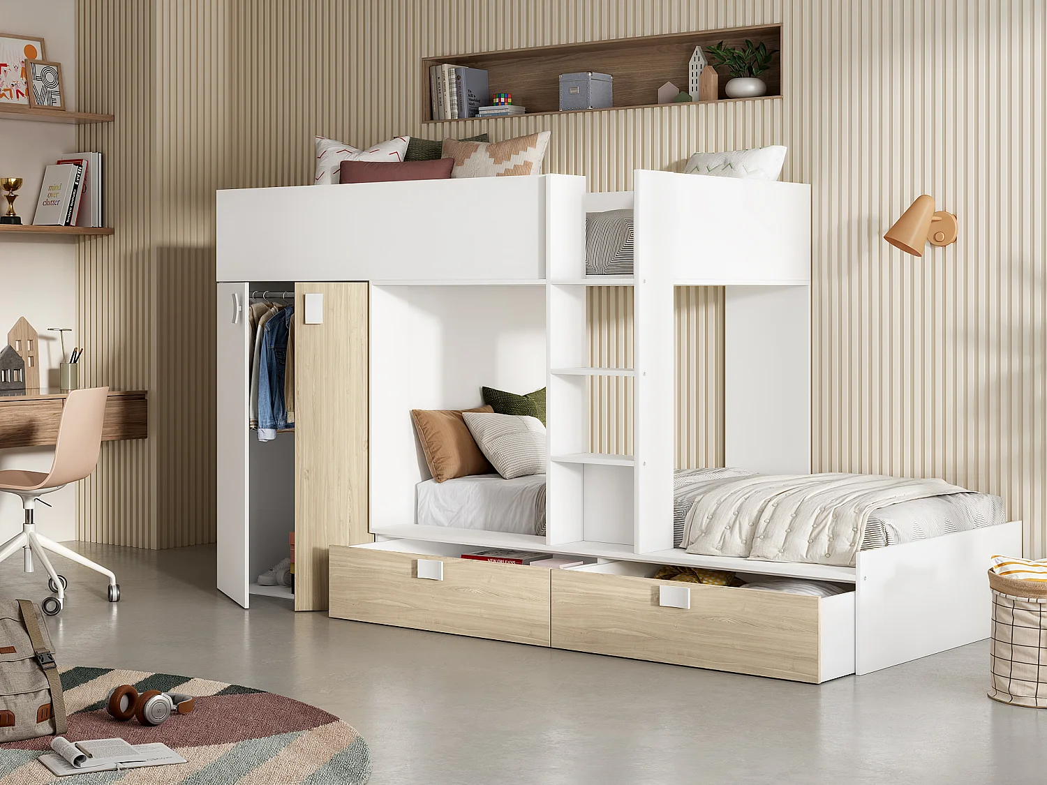 Stapelbed JUANITO - Ingebouwde kast - 2x90x190cm - Wit en eiken