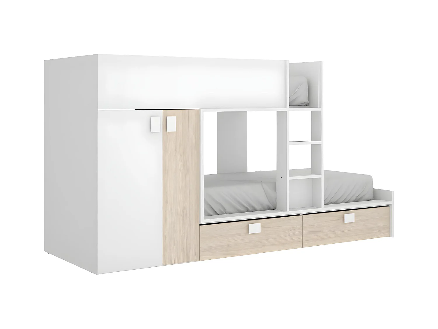 Stapelbed JUANITO - Ingebouwde kast - 2x90x190cm - Wit en eiken