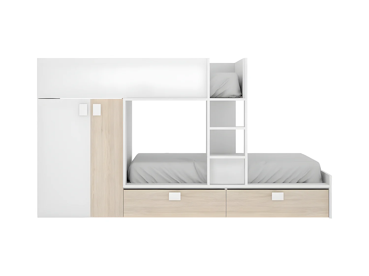 Stapelbed JUANITO - Ingebouwde kast - 2x90x190cm - Wit en eiken