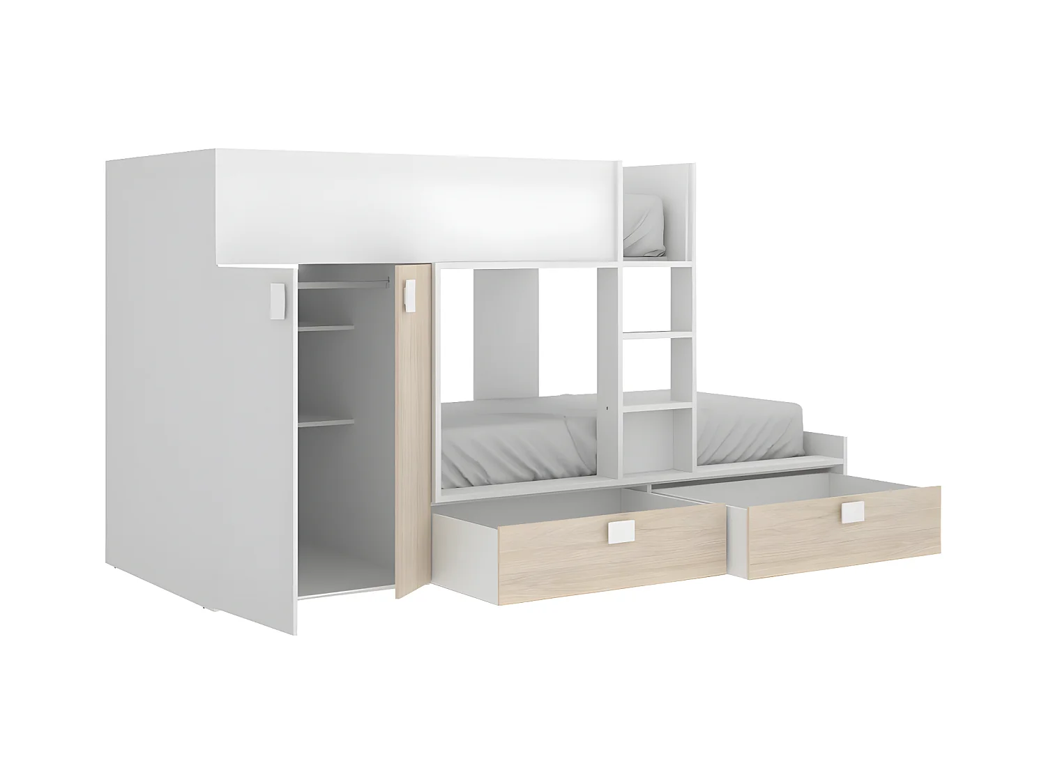 Stapelbed JUANITO - Ingebouwde kast - 2x90x190cm - Wit en eiken