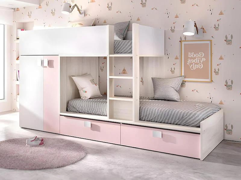 Stapelbed JUANITO met ingebouwde kast en opbergruimte - 2x90x190cm - Wit, eiken en roze