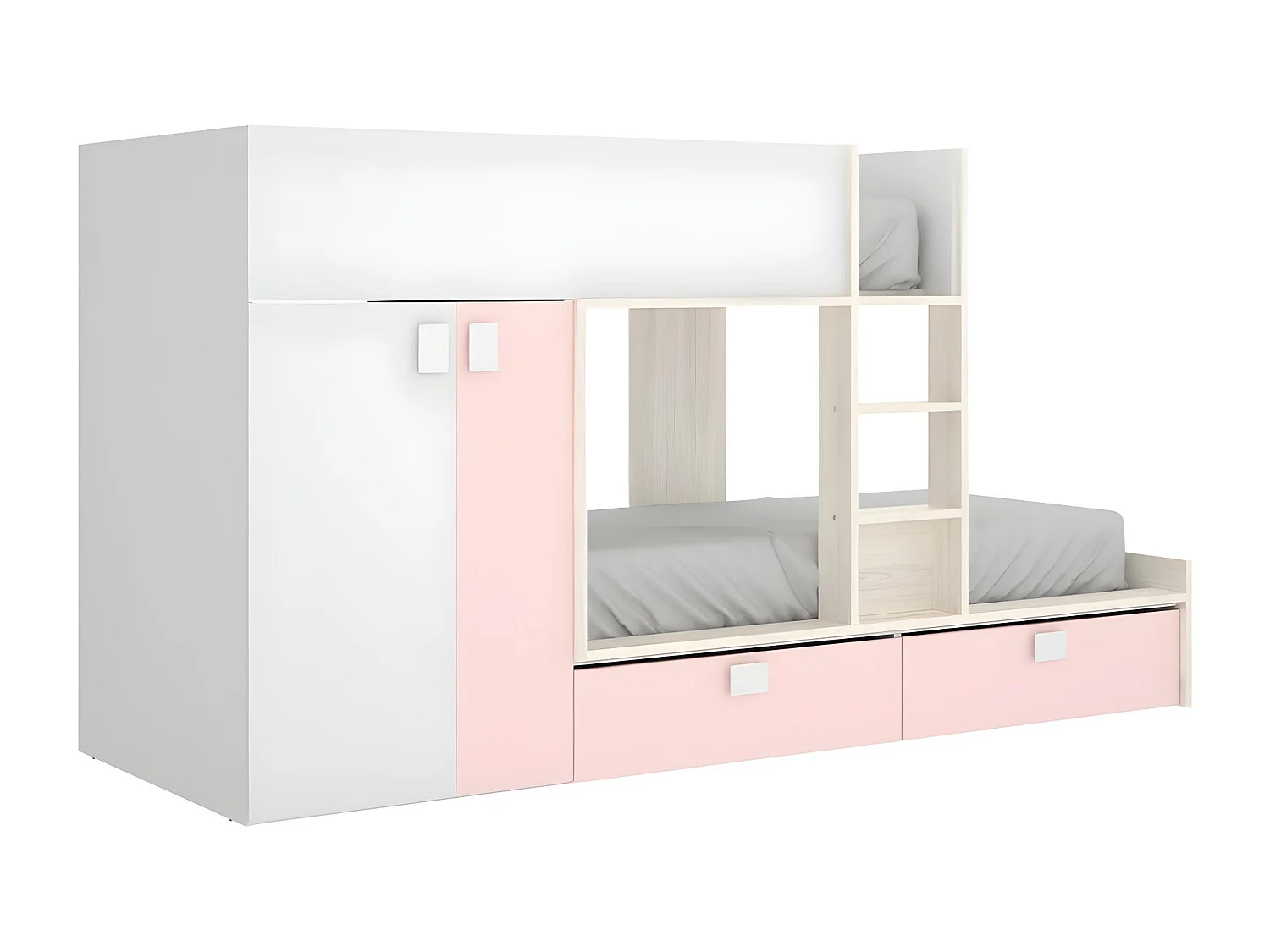 Letto a castello  2 x 90 x 190 cm - Armadio integrato - Bianco, Naturale e Rosa - JUANITO