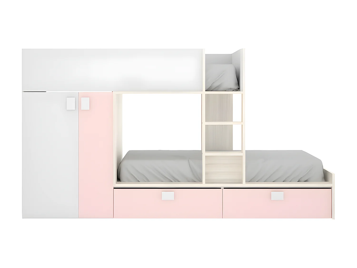 Letto a castello  2 x 90 x 190 cm - Armadio integrato - Bianco, Naturale e Rosa - JUANITO