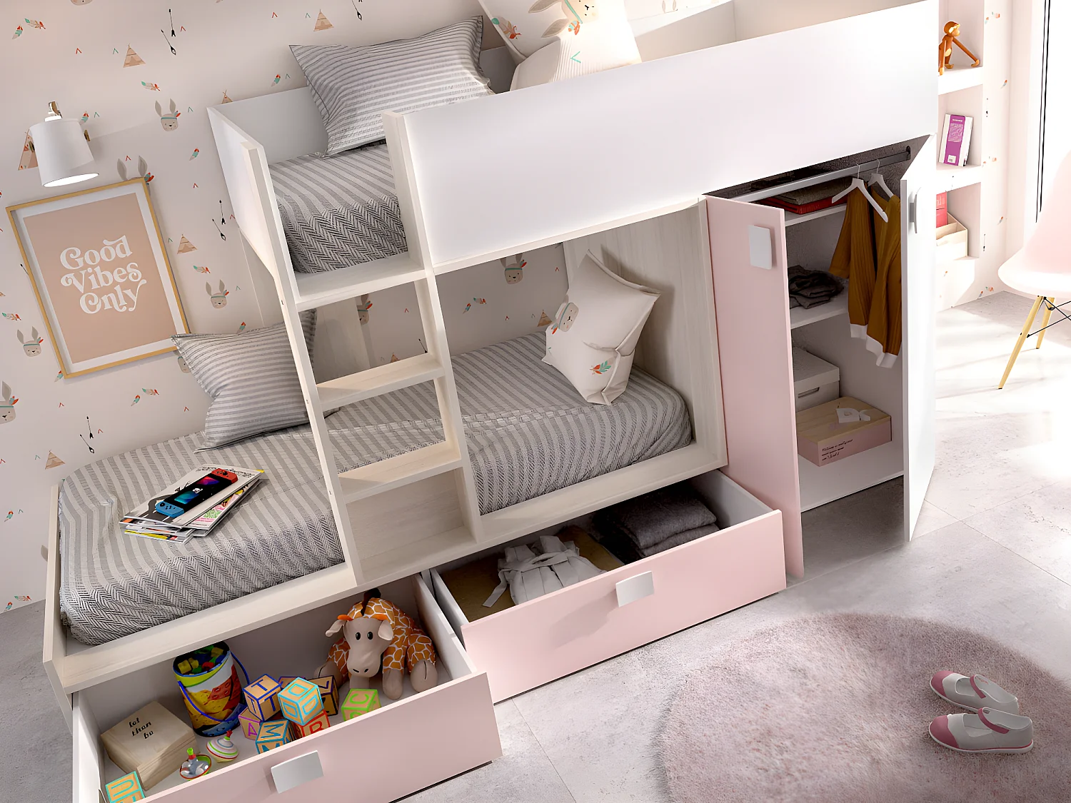 Letto a castello  2 x 90 x 190 cm - Armadio integrato - Bianco, Naturale e Rosa - JUANITO