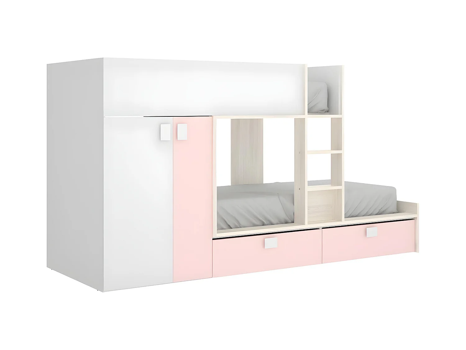 Letto a castello  2 x 90 x 190 cm - Armadio integrato - Bianco, Naturale e Rosa - JUANITO