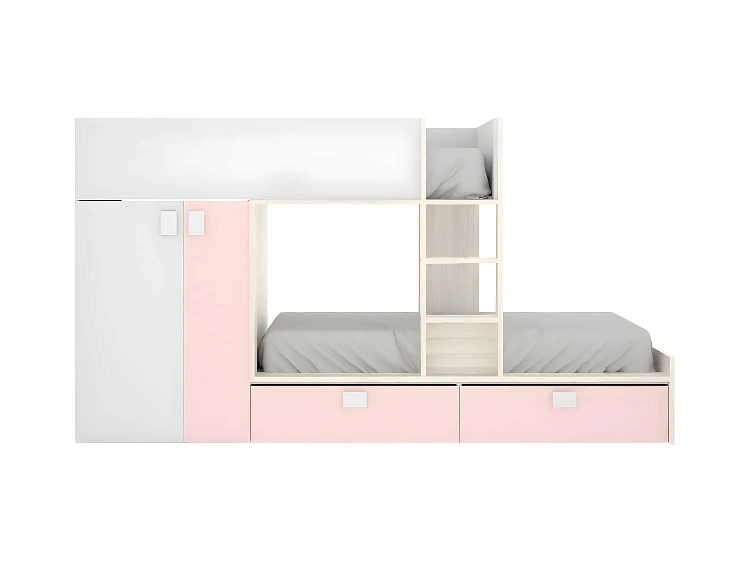 Letto a castello  2 x 90 x 190 cm - Armadio integrato - Bianco, Naturale e Rosa - JUANITO